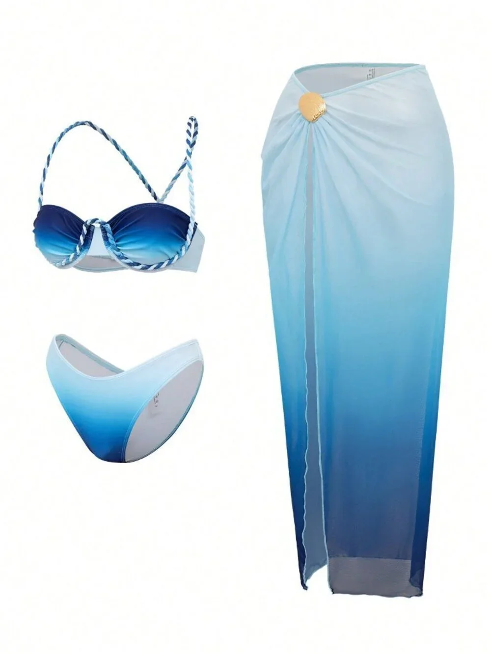 Blue Sexy Women'sTight Gradient Print Braided Rope Beach Mesh Skirt Bikini Set